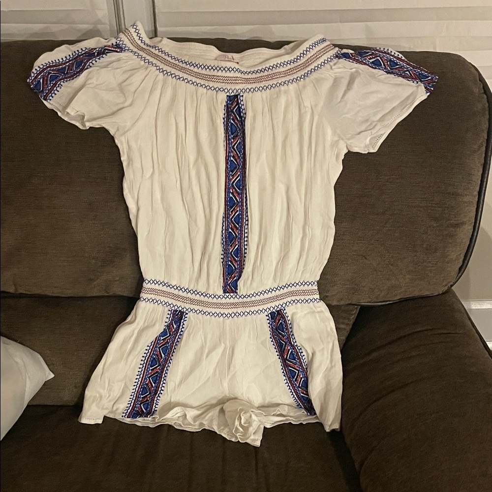 Parker Off-Shoulder Romper with Blue and Red Pattern